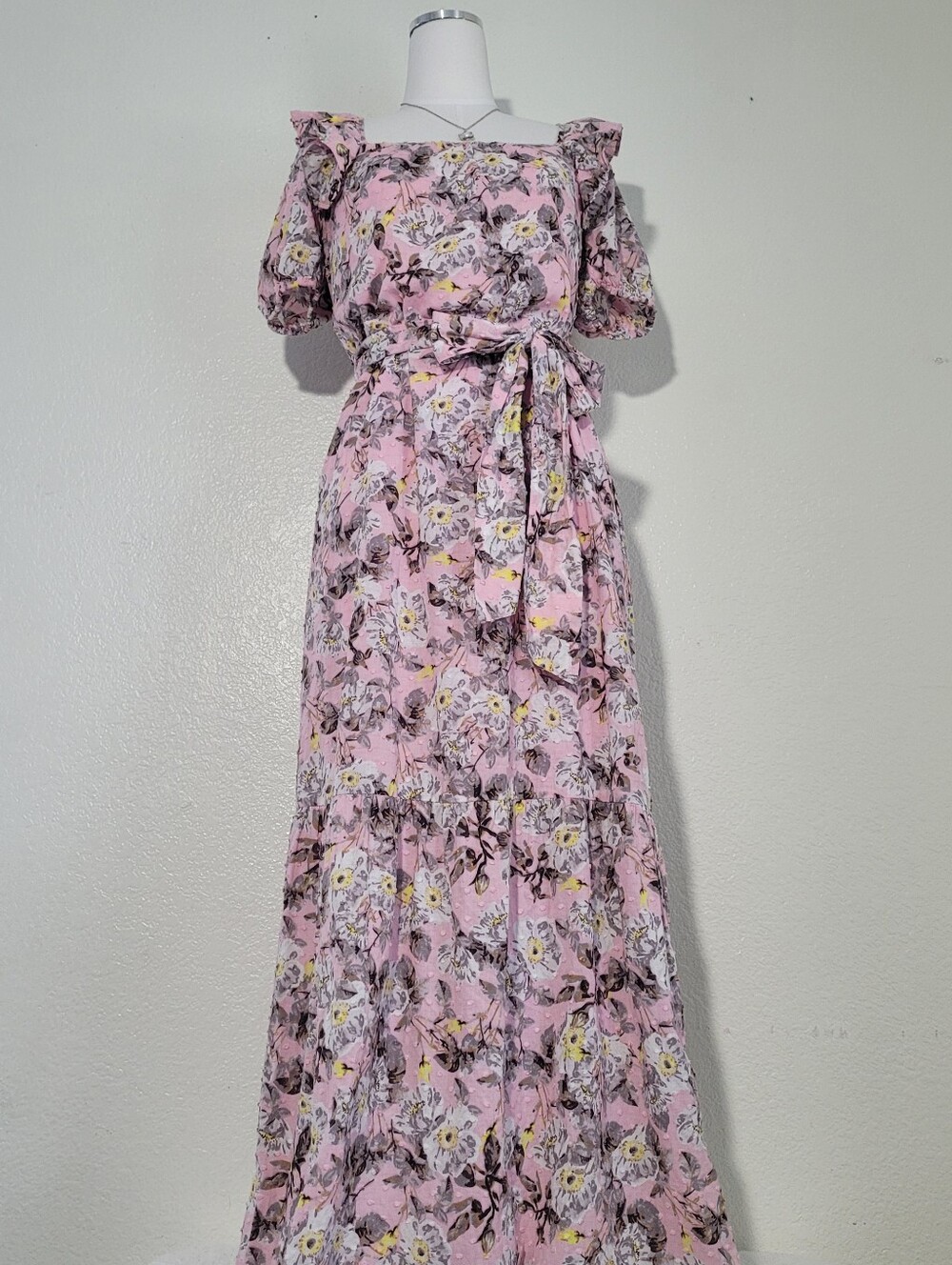 Happy Nature 100% Cotton Pink White Yellow Short Sleeve Long Maxi Dress XXSmall